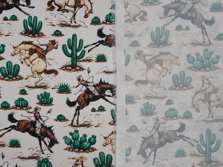 Western Cowgirls n’ Cactus   - Silky Satin Charmeuse satin print - fabric by the yard -  double sublimation print