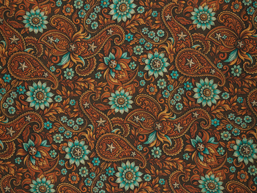 Western Brown and Aqua Paisley Satin Charmeuse Fabric by the Yard – Silky Cowboy Shirt  Fabric