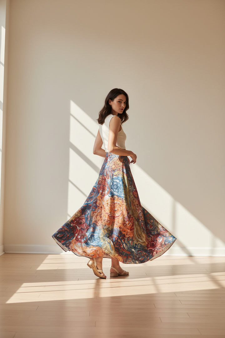 Lightweight  satin  fabric - Blue orange  paisley print