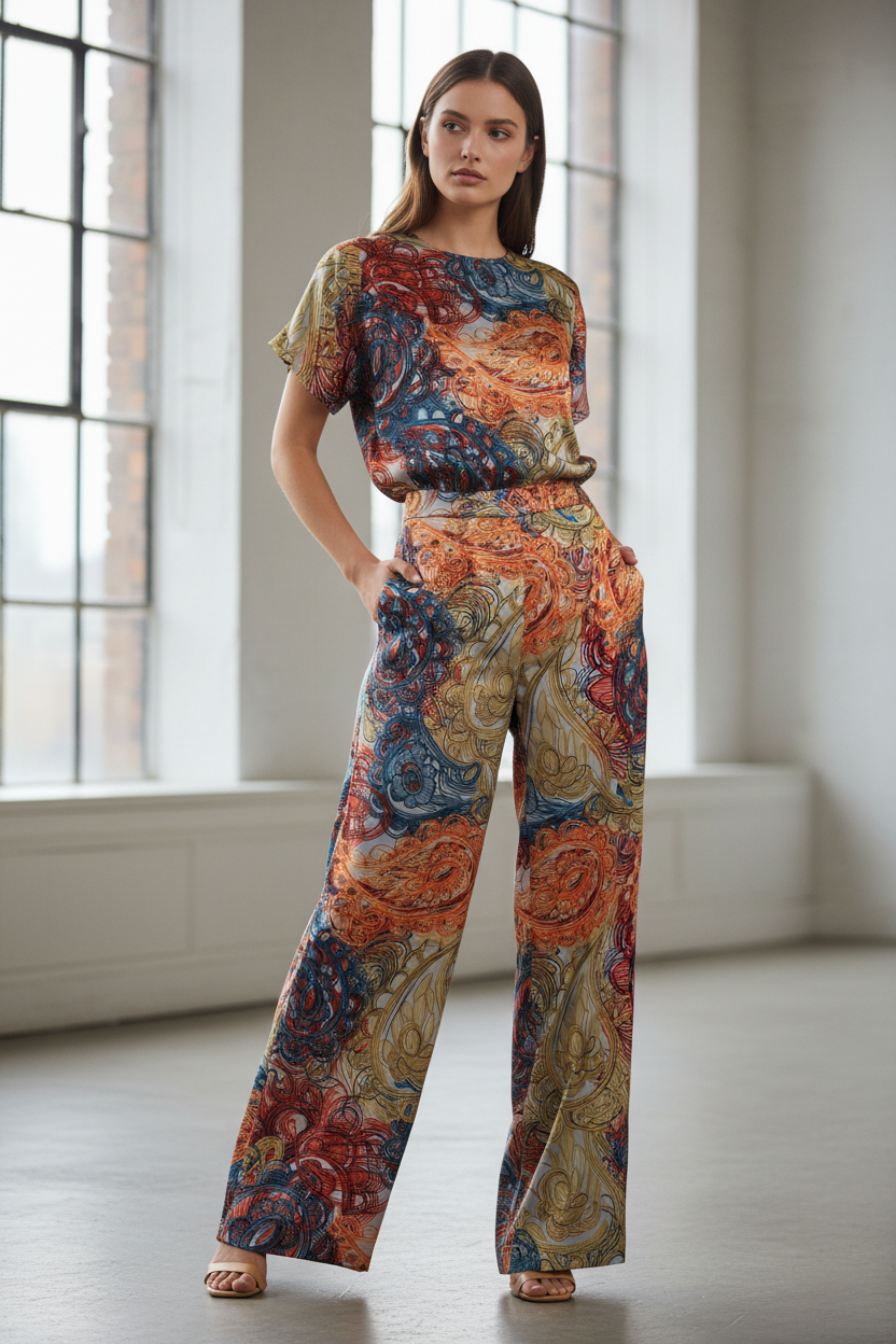 Lightweight  satin  fabric - Blue orange  paisley print