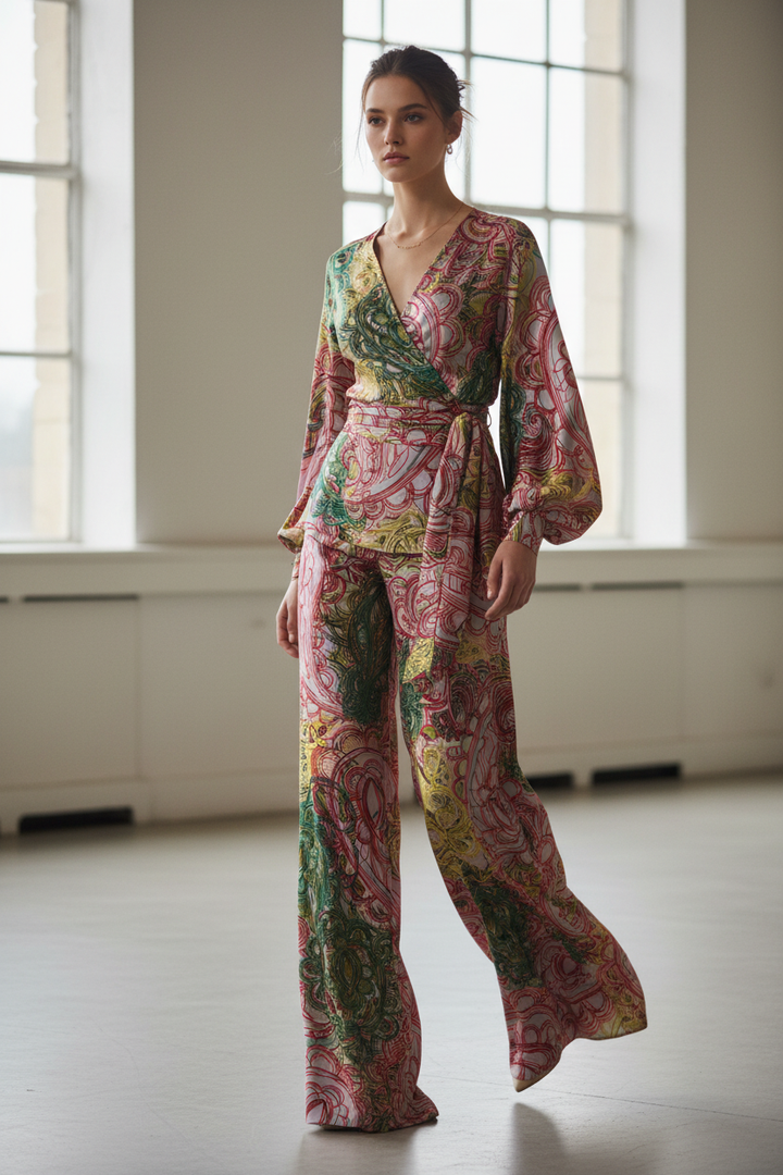 Lightweight  satin  fabric - Pink green  paisley print