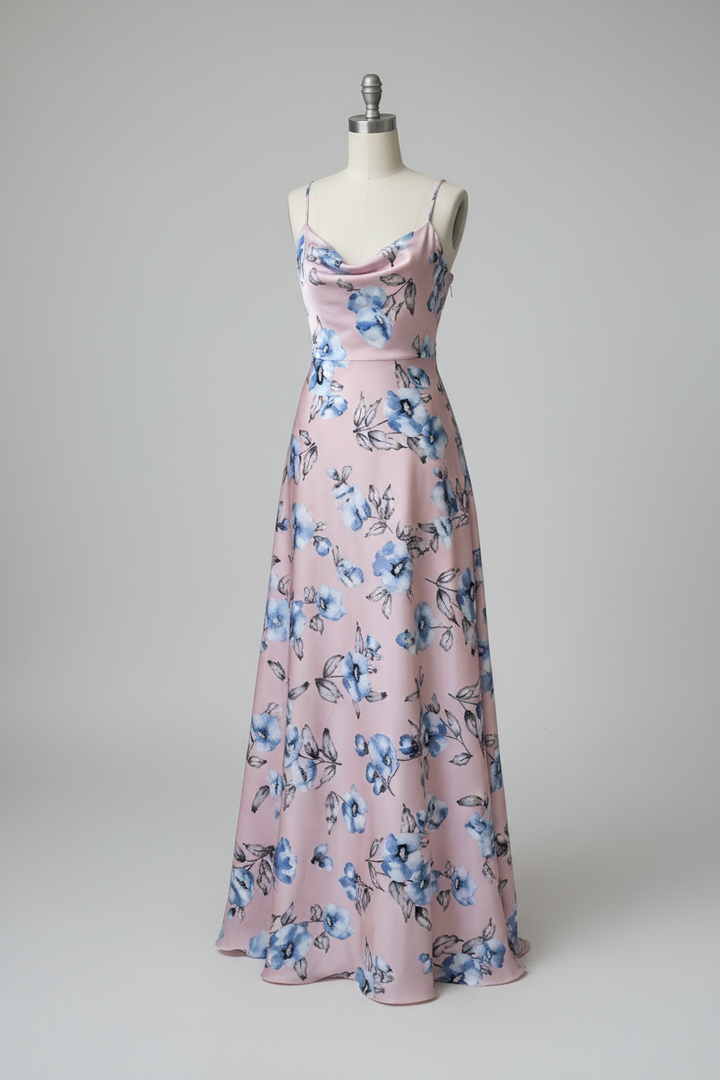 Lightweight  satin  fabric by the yard - Pink blue floral  print