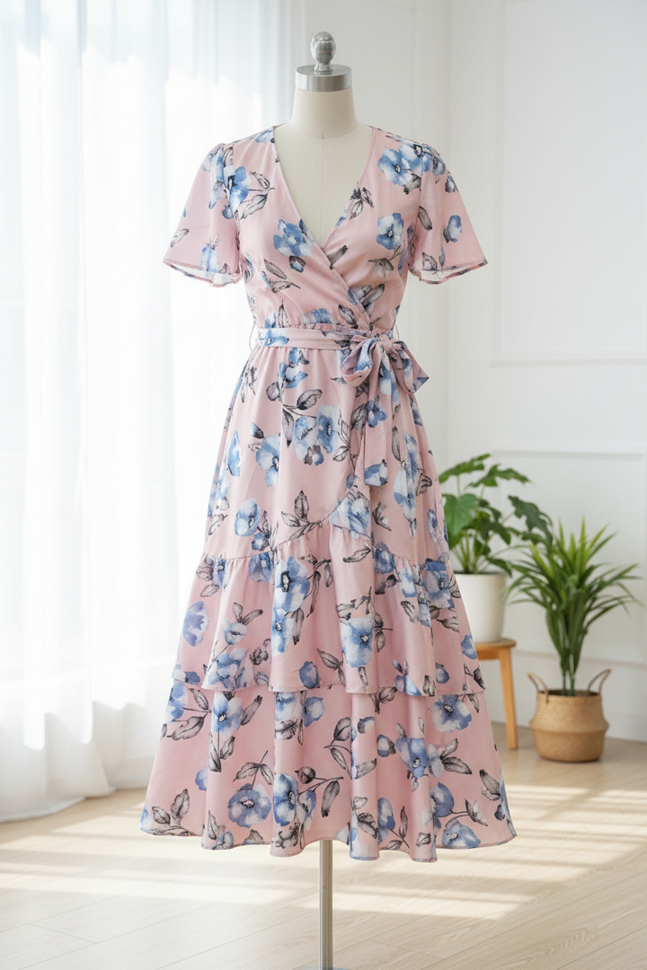 Lightweight  satin  fabric by the yard - Pink blue floral  print