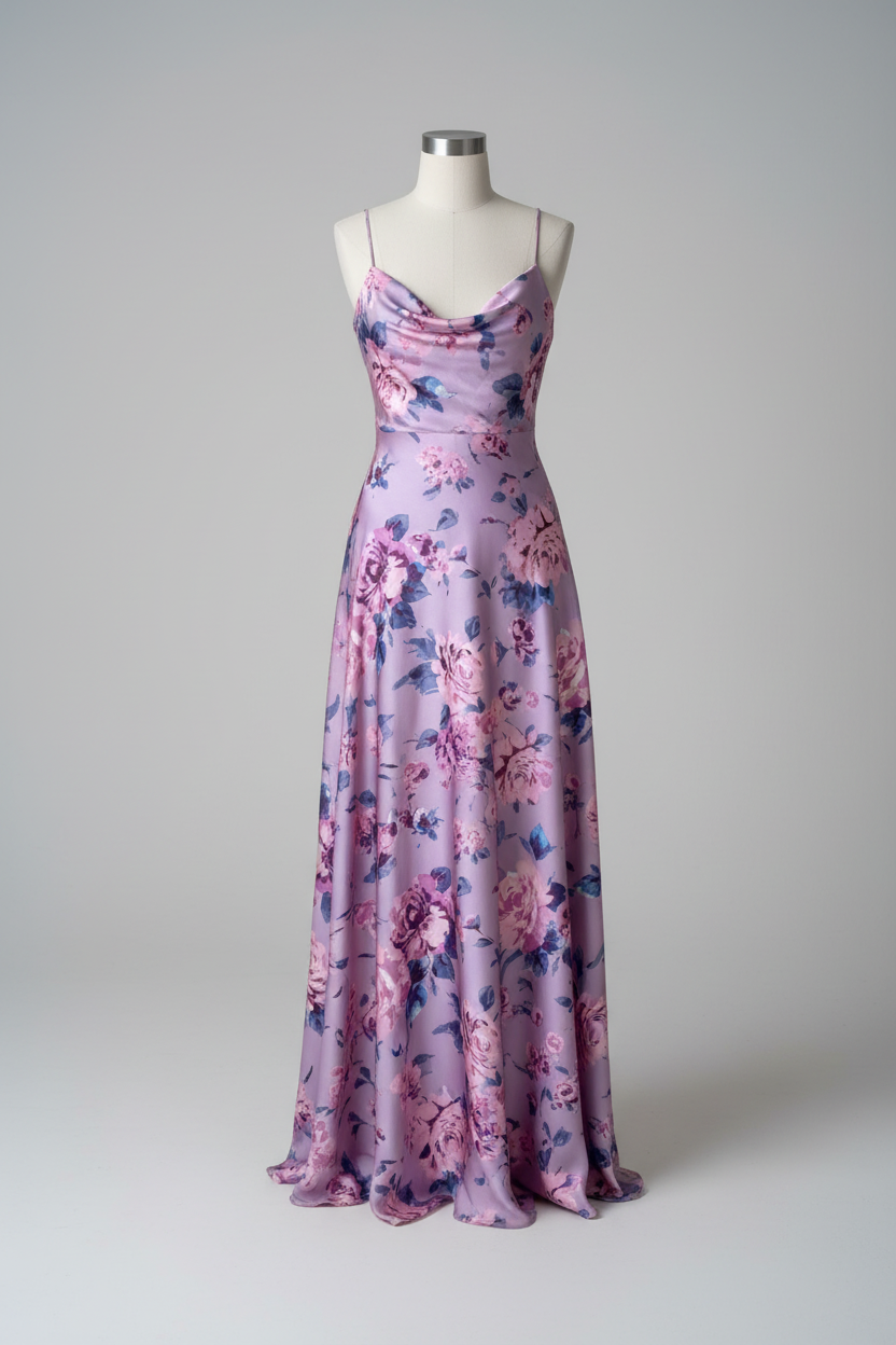 Lightweight  satin  fabric by the yard - Dusty purple and pink floral  print