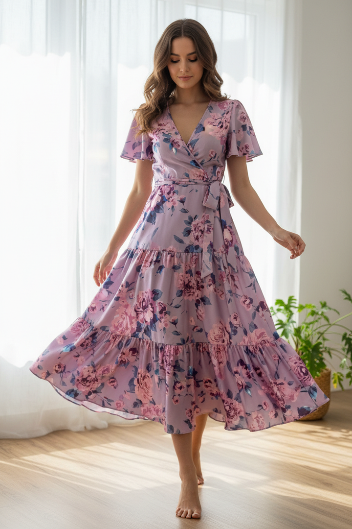 Lightweight  satin  fabric by the yard - Dusty purple and pink floral  print