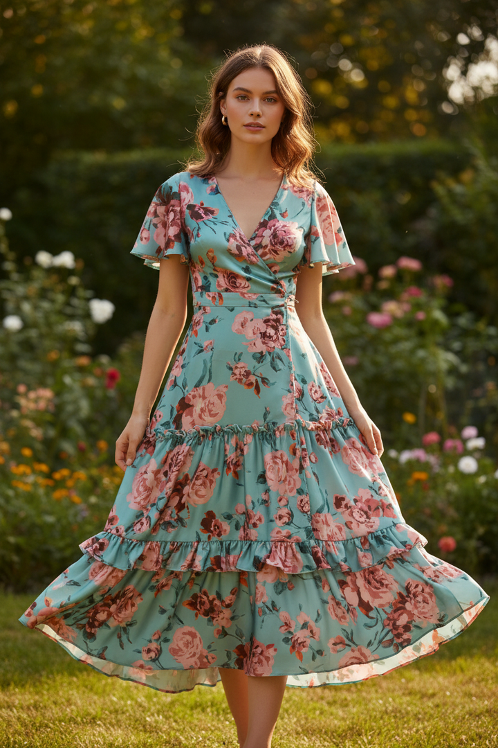 Lightweight  satin  fabric by the yard - Aqua and coral  floral  print