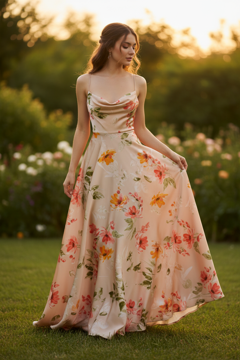 Green and Orange floral   print -Flowy silky  lightweight  satin  fabric