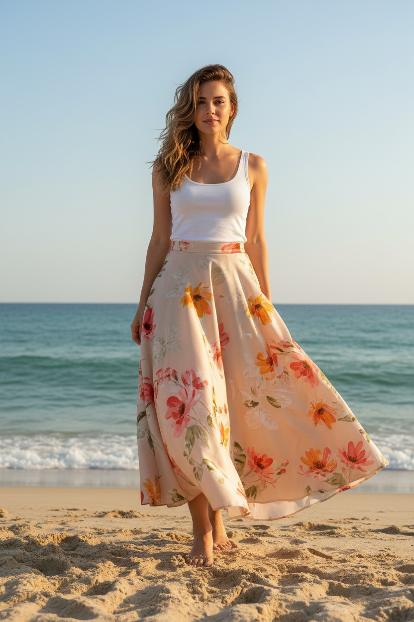 Green and Orange floral   print -Flowy silky  lightweight  satin  fabric