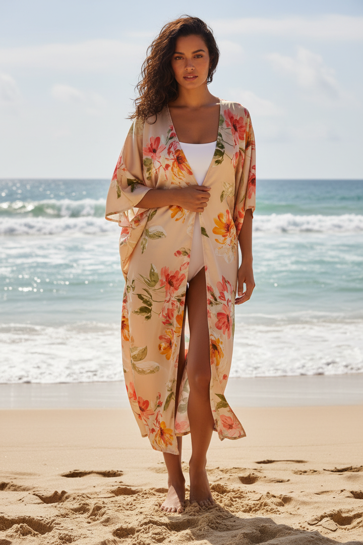 Green and Orange floral   print -Flowy silky  lightweight  satin  fabric