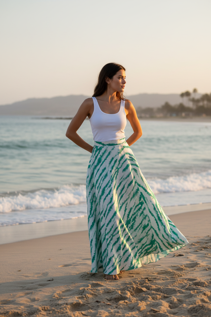 Lightweight  satin  fabric -  Green abstract  print