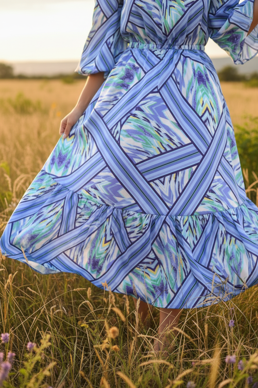 Lightweight  satin  fabric by the yard - Lavender light blue purple tribal chevron   print