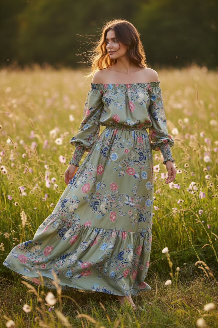 Lightweight  satin  fabric by the yard -  Sage blue and pink floral    print