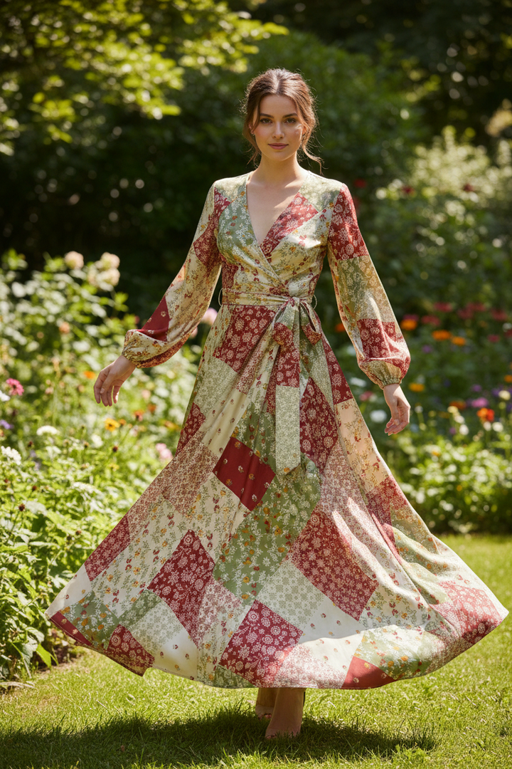 Ivory and red   floral  Patchwork  print -  silky satin  Lightweight   fabric