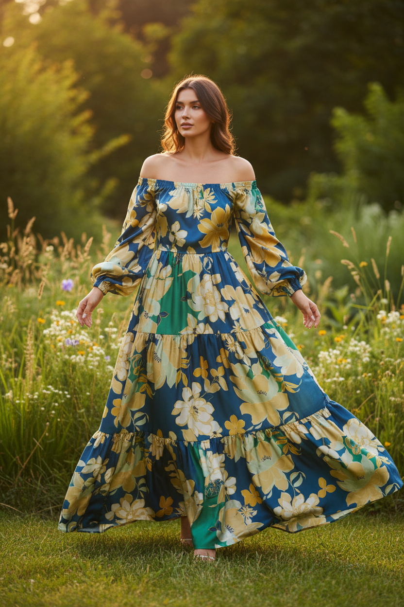 Blue  and green floral    print -  silky satin  Lightweight   fabric