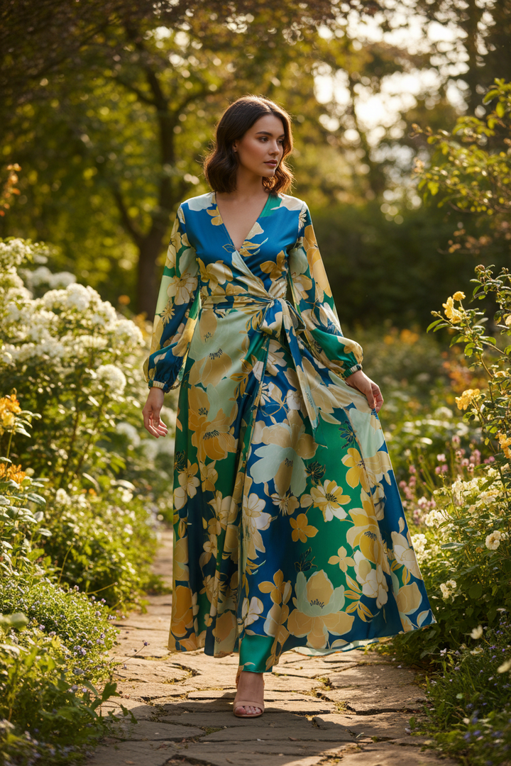 Blue  and green floral    print -  silky satin  Lightweight   fabric
