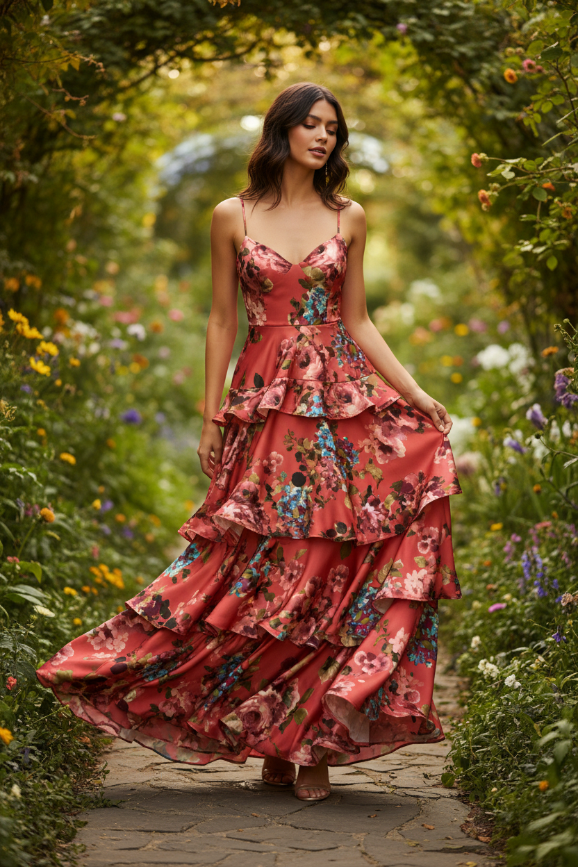 Lightweight  satin  fabric by the yard - Burnt coral  with teal burgundy   florals  print