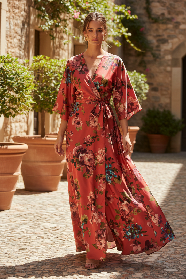 Lightweight  satin  fabric by the yard - Burnt coral  with teal burgundy   florals  print