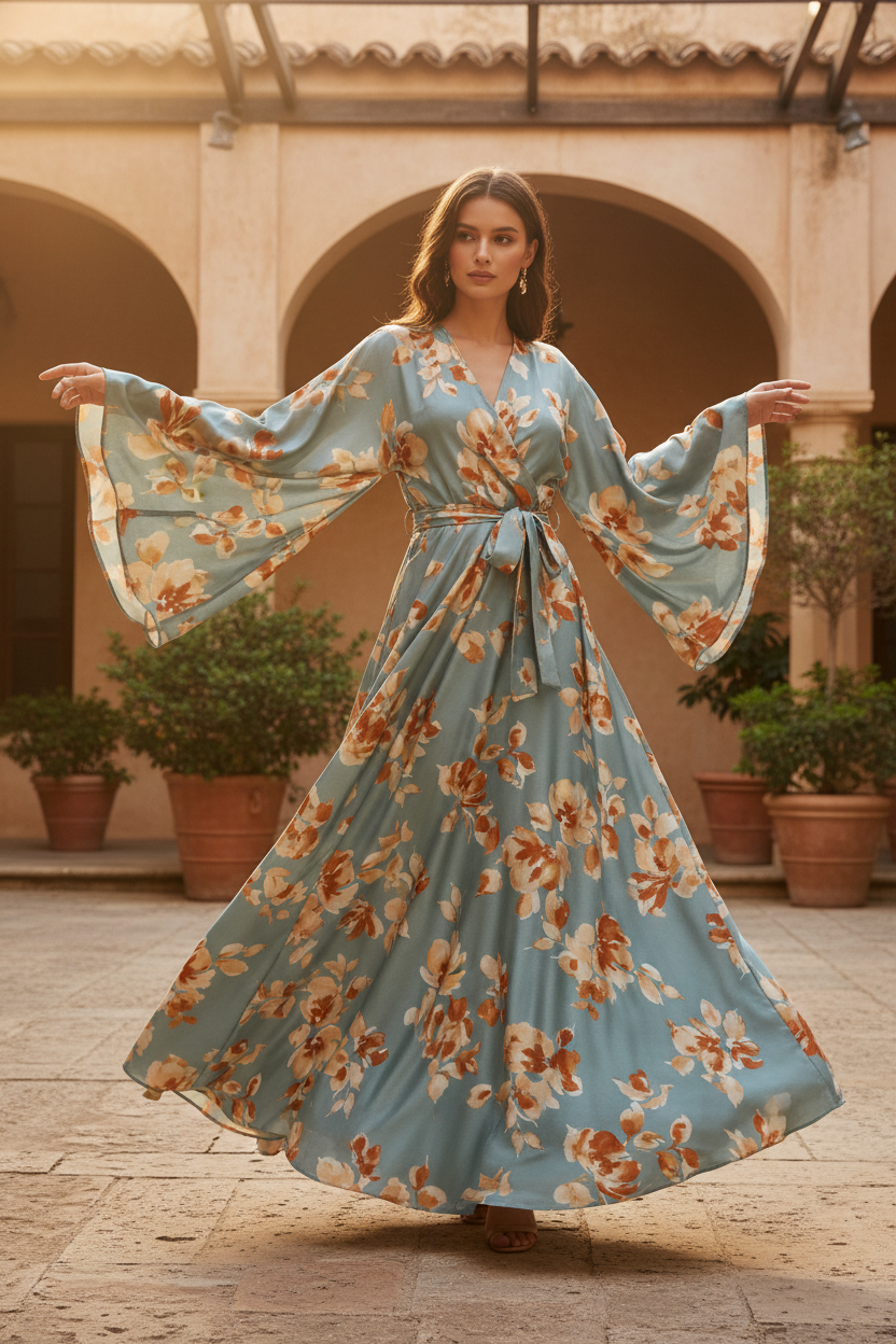 satin  dobby fabric by the yard - Dusty blue with rusty orange  floral  pattern