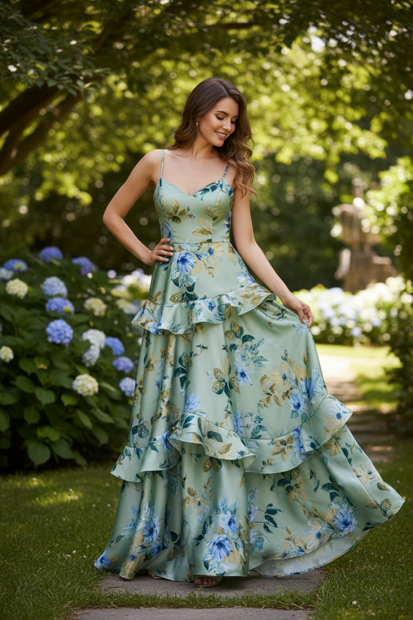 Lightweight  satin  fabric -  Green blue floral  print
