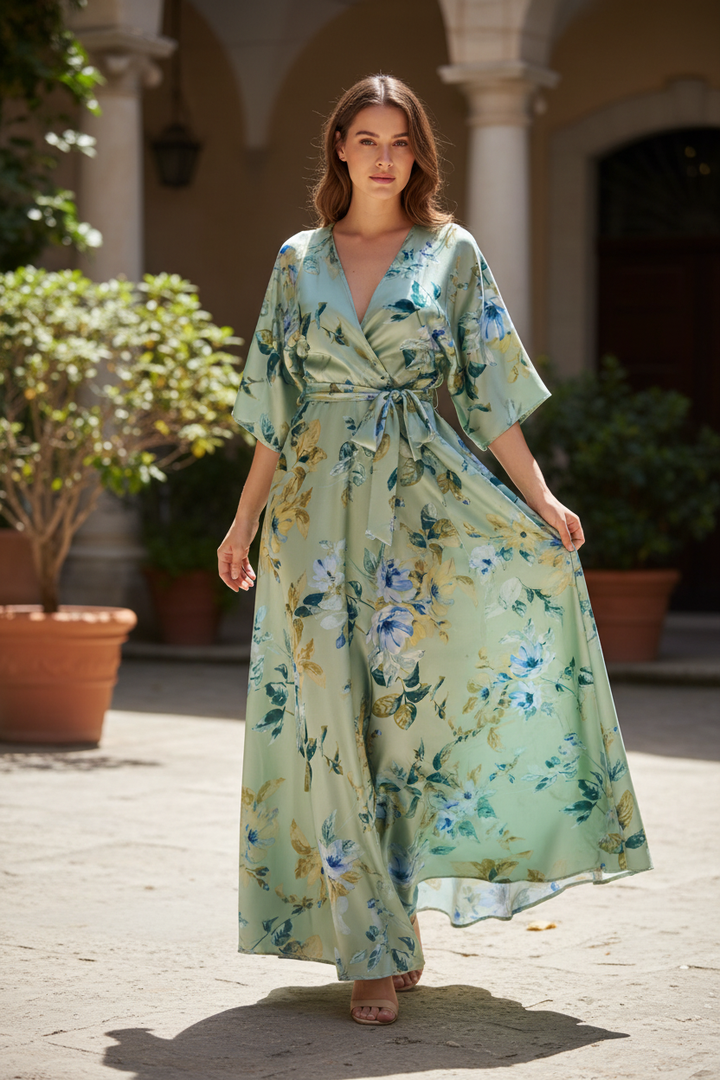 Lightweight  satin  fabric -  Green blue floral  print