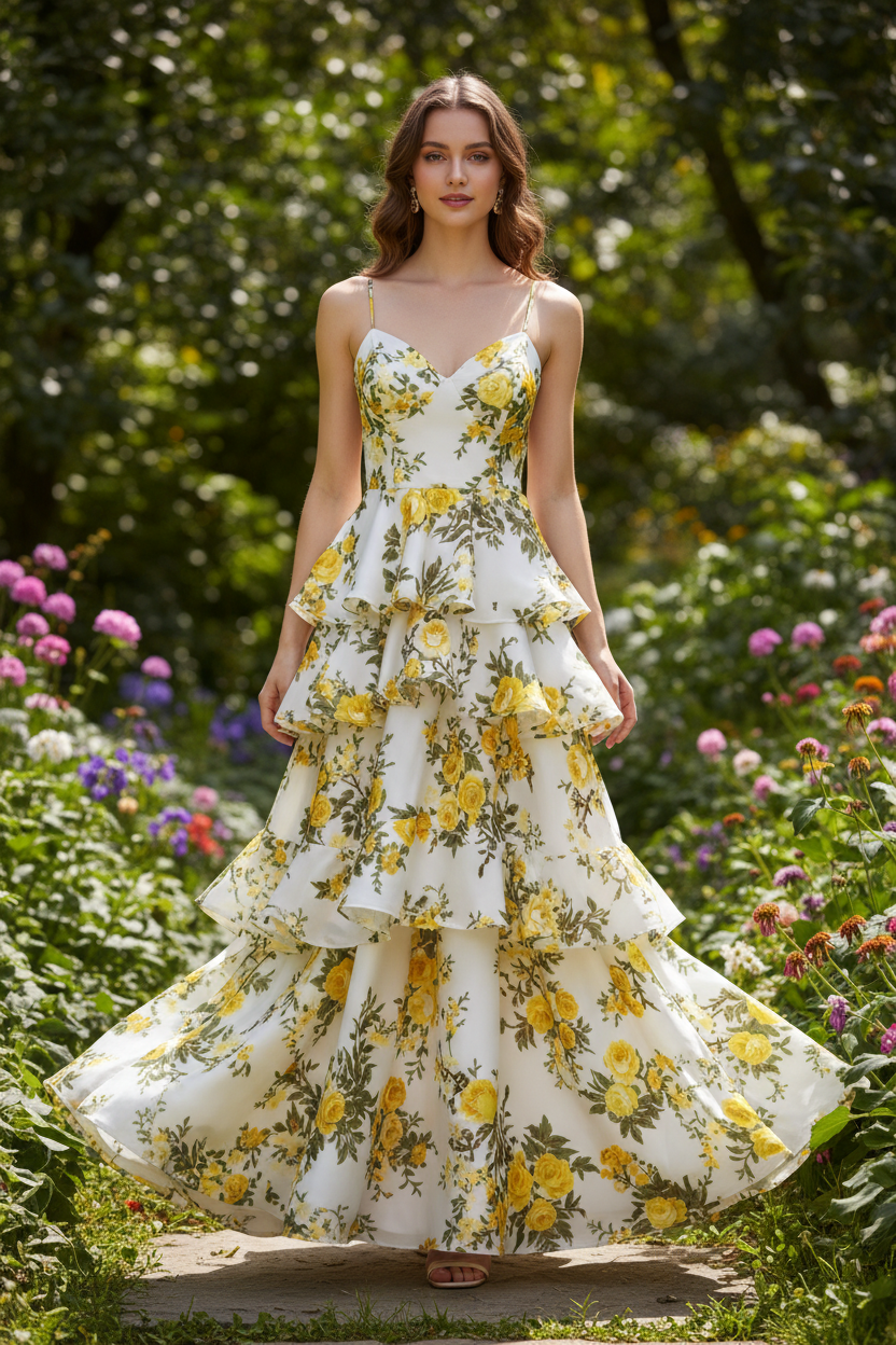 Lightweight  Silky Satin  fabric - Yellow Roses Floral Print