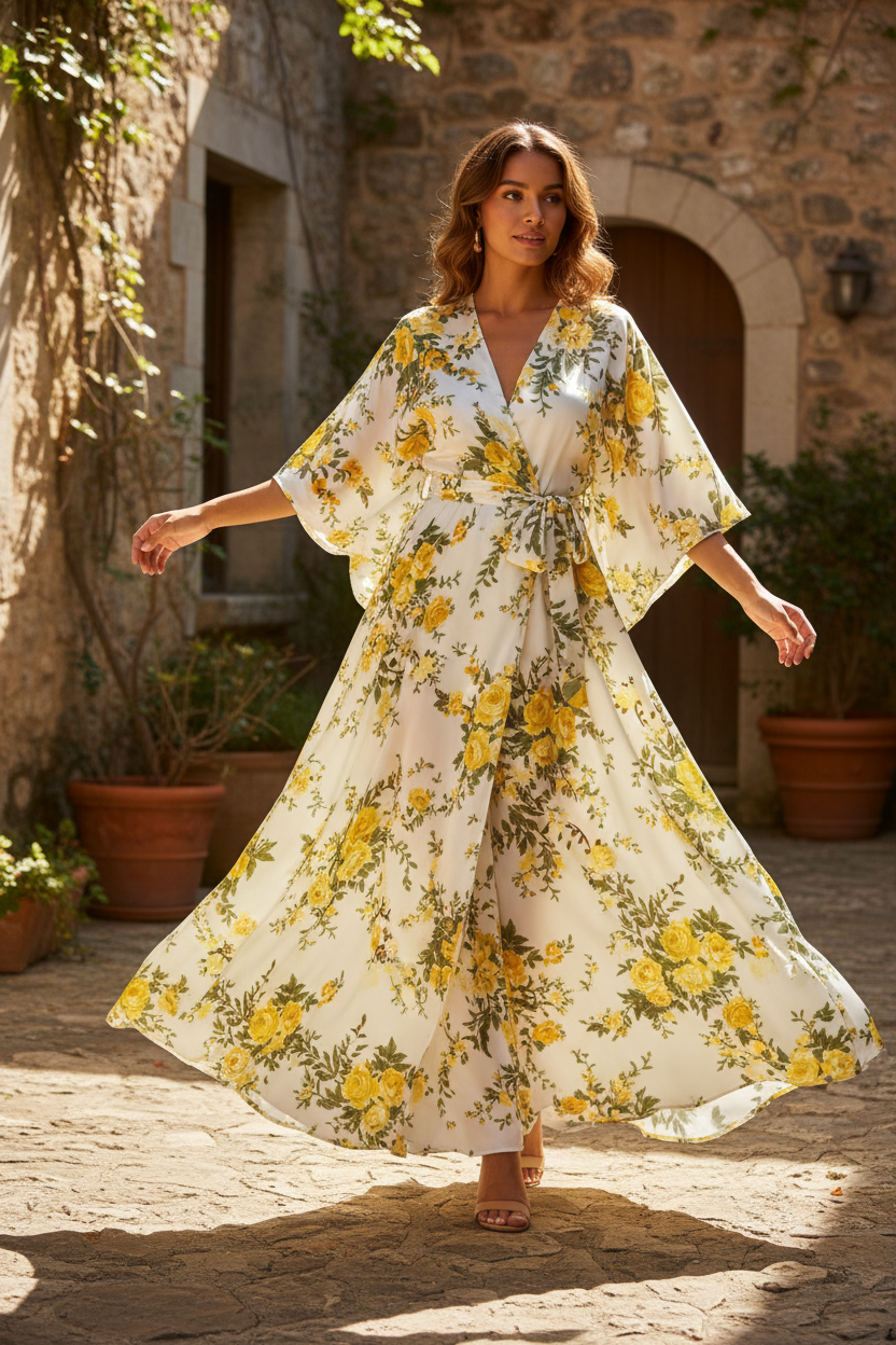 Lightweight  Silky Satin  fabric - Yellow Roses Floral Print