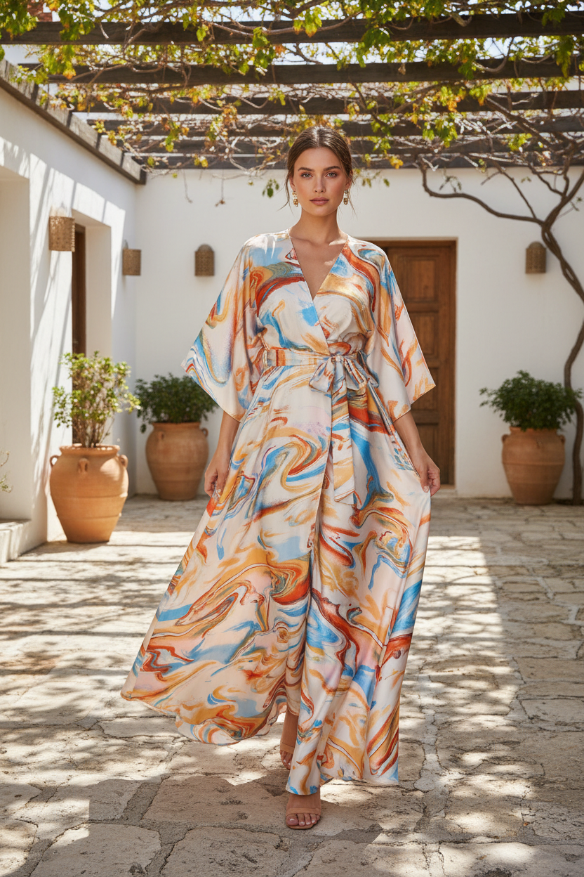 Lightweight  satin  fabric by the yard - Orange Aqua Marble  print