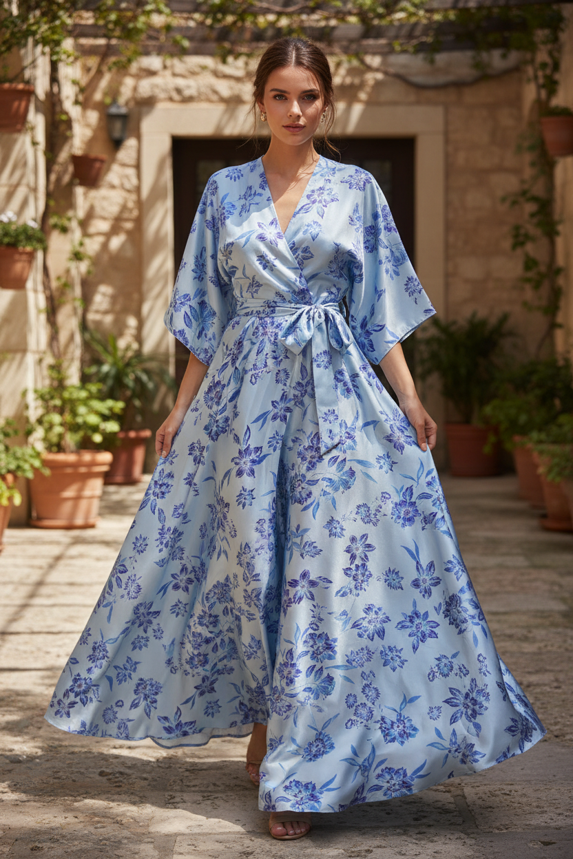 Light blue  and purple   floral   print -  silky satin  Lightweight   fabric