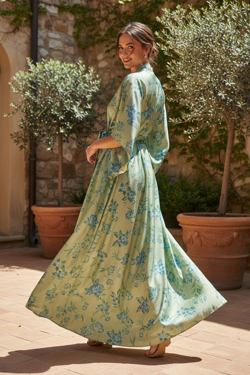 Sage green and blue   floral   print -  silky satin  Lightweight   fabric