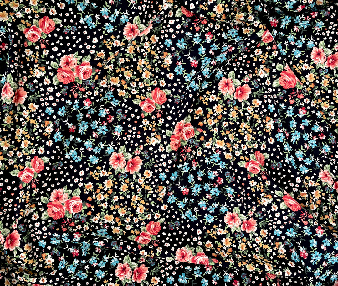 Georgette  Fabric By The Yard - Red And Dainty White Flowes on Black   Floral Print