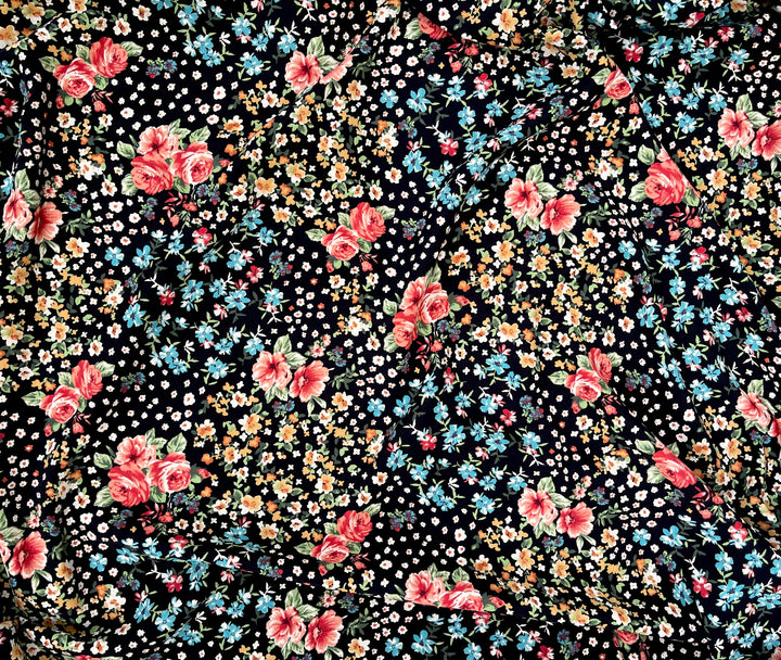 Georgette  Fabric By The Yard - Red And Dainty White Flowes on Black   Floral Print