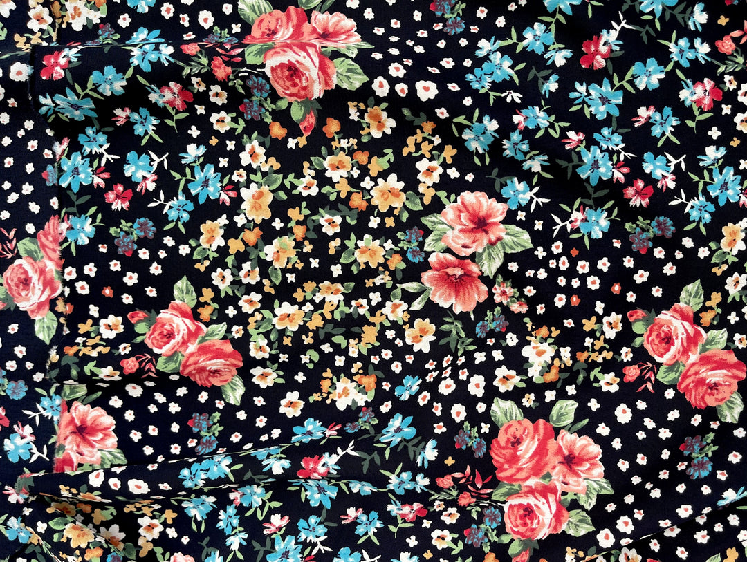 Georgette  Fabric By The Yard - Red And Dainty White Flowes on Black   Floral Print