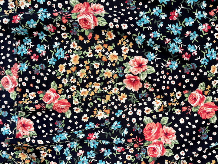 Georgette  Fabric By The Yard - Red And Dainty White Flowes on Black   Floral Print