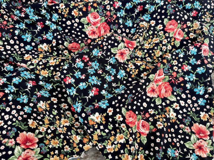 Georgette  Fabric By The Yard - Red And Dainty White Flowes on Black   Floral Print