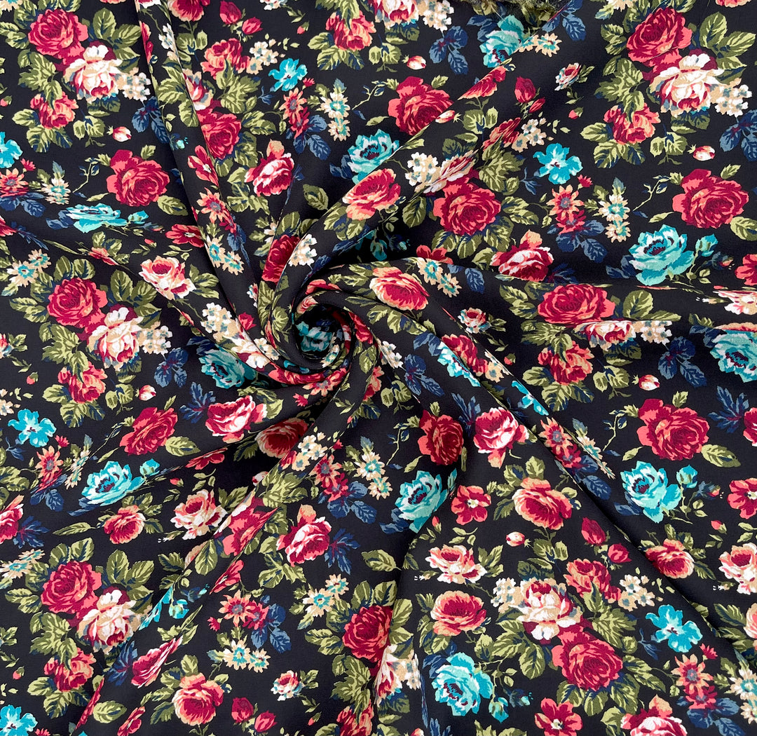 Georgette  Fabric By The Yard - Red and Teal on Black   Floral Print