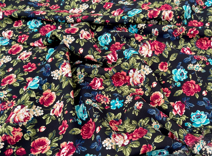 Georgette  Fabric By The Yard - Red and Teal on Black   Floral Print