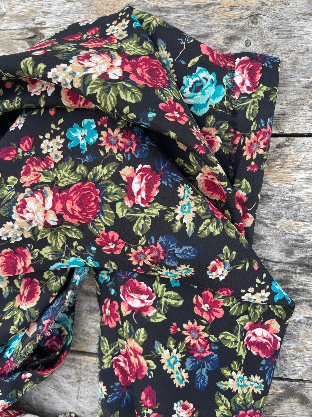 Georgette  Fabric By The Yard - Red and Teal on Black   Floral Print