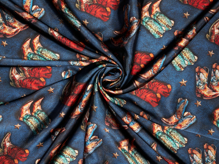 Charmeuse Satin  fabric by the yard -    Cowboy Boots