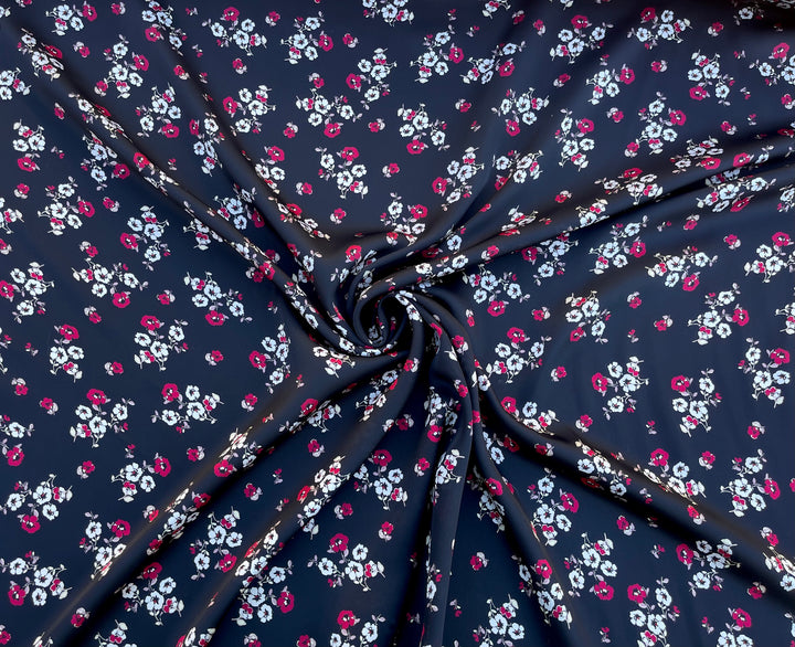 Lightweight  satin  fabric by the yard -  Black and red dainty floral    print