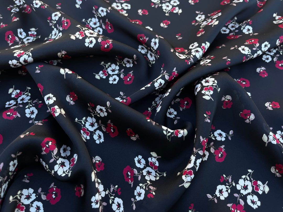 Lightweight  satin  fabric by the yard -  Black and red dainty floral    print