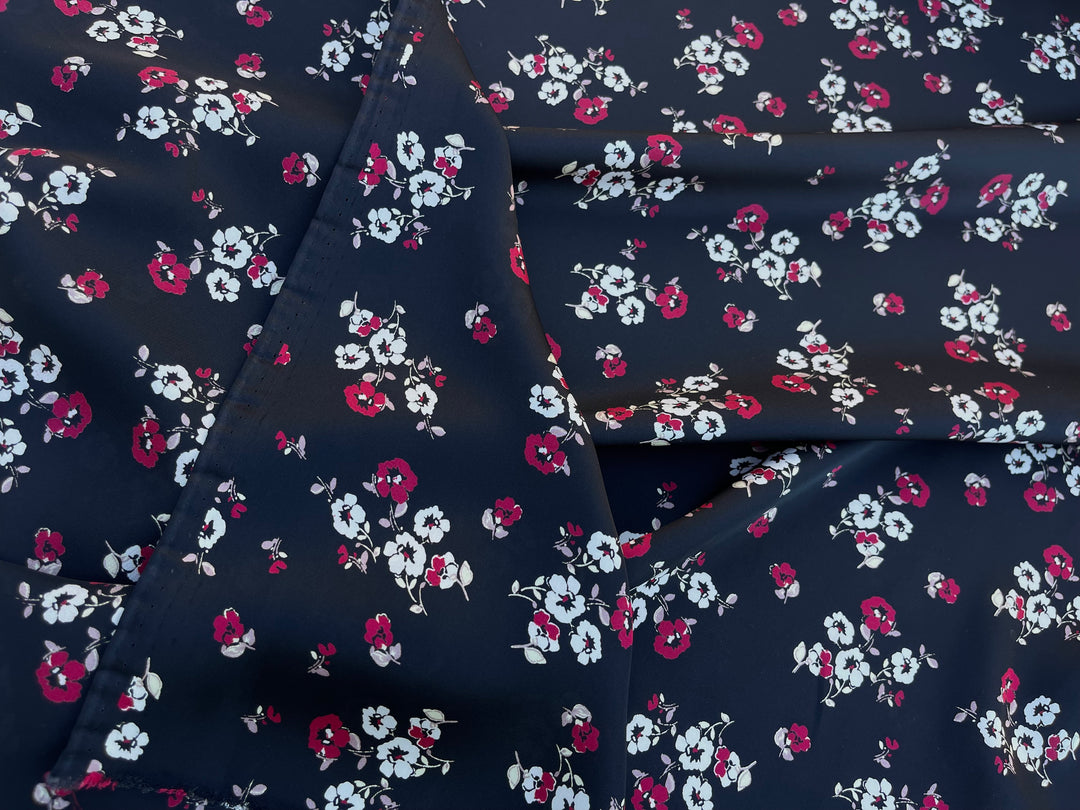 Lightweight  satin  fabric by the yard -  Black and red dainty floral    print