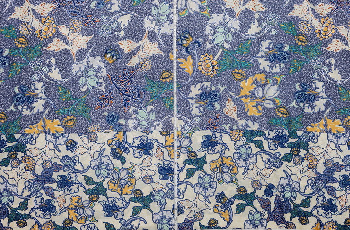 Blue and off white  floral border Lightweight  satin   fabric by the yard - Kimono fabric