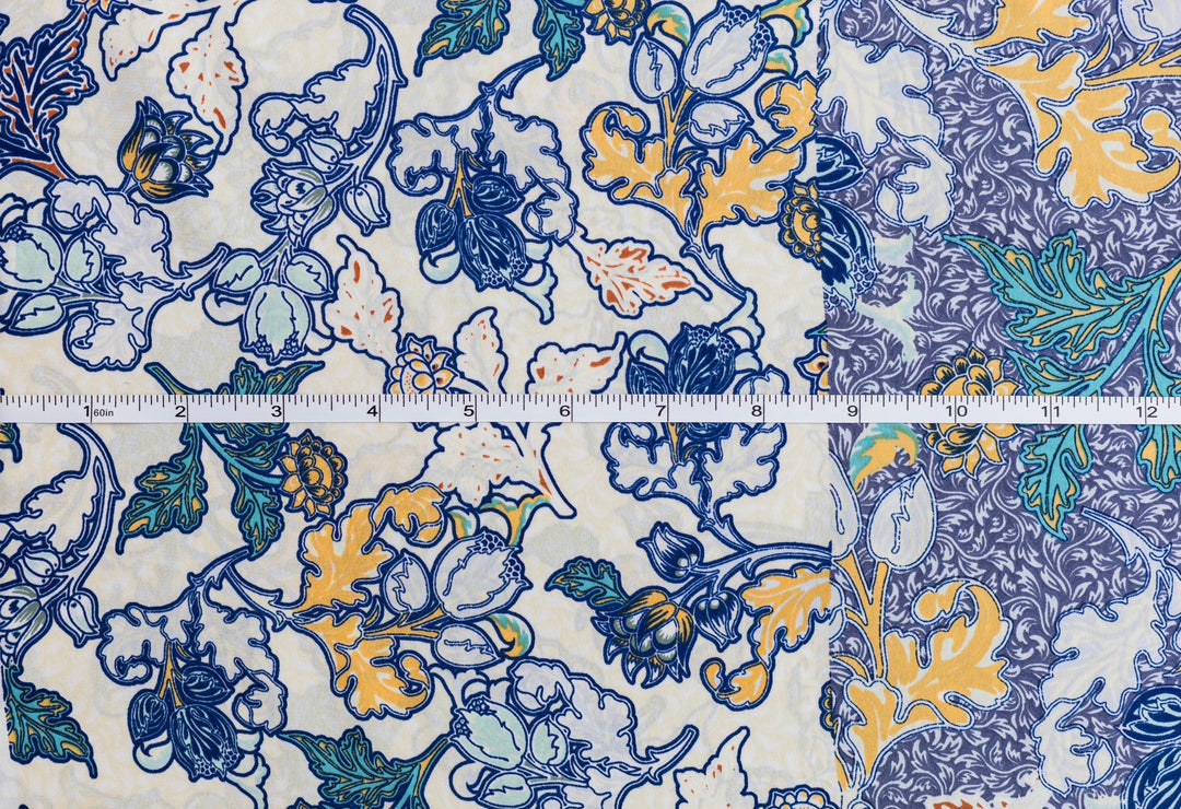 Blue and off white  floral border Lightweight  satin   fabric by the yard - Kimono fabric