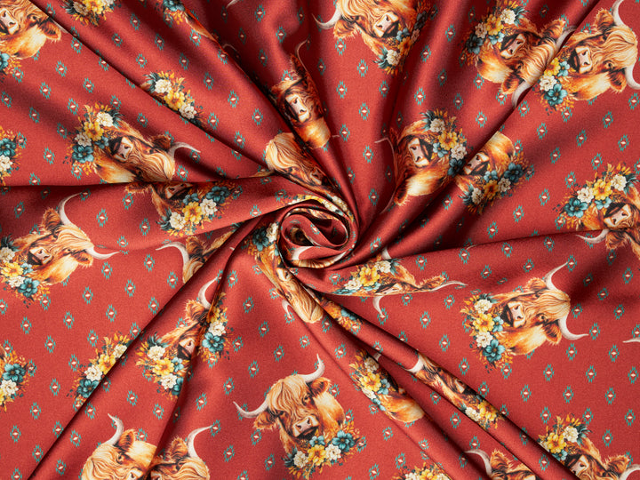 Charmeuse Satin sublimation  fabric by the yard -    Highland cow with flowers  tribal print