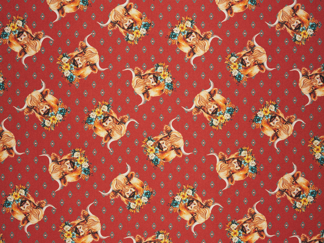 Charmeuse Satin sublimation  fabric by the yard -    Highland cow with flowers  tribal print