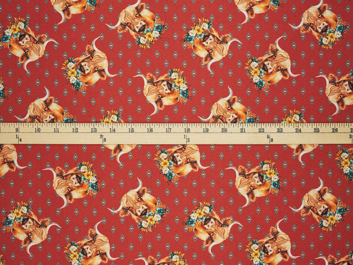 Charmeuse Satin sublimation  fabric by the yard -    Highland cow with flowers  tribal print