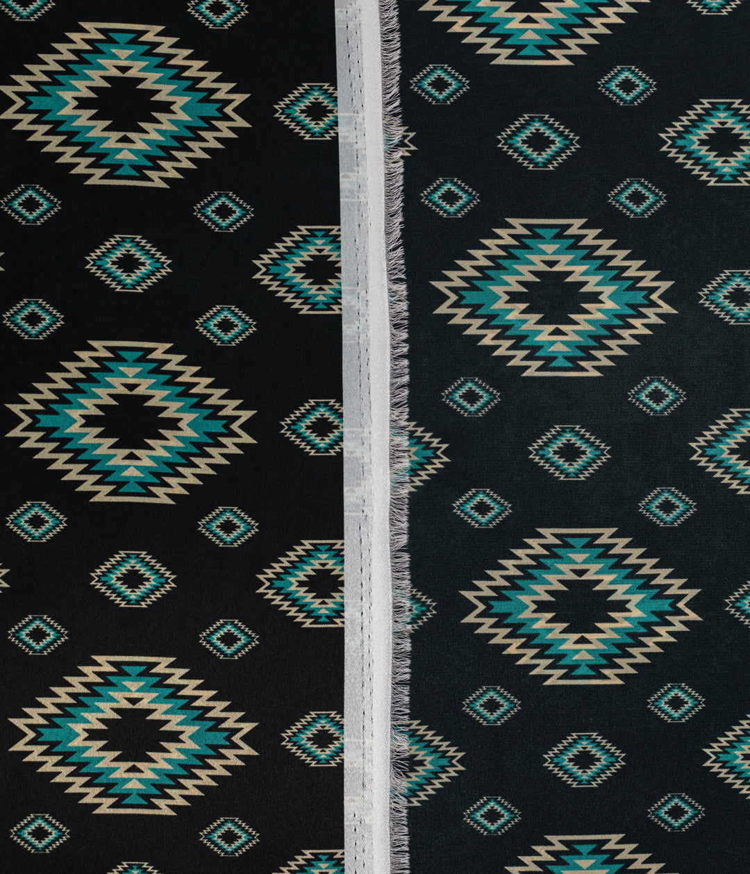 Western Black and Teal Tribal  Satin Charmeuse Fabric by the Yard – Silky Cowboy Wild rag  Shirt Fabric