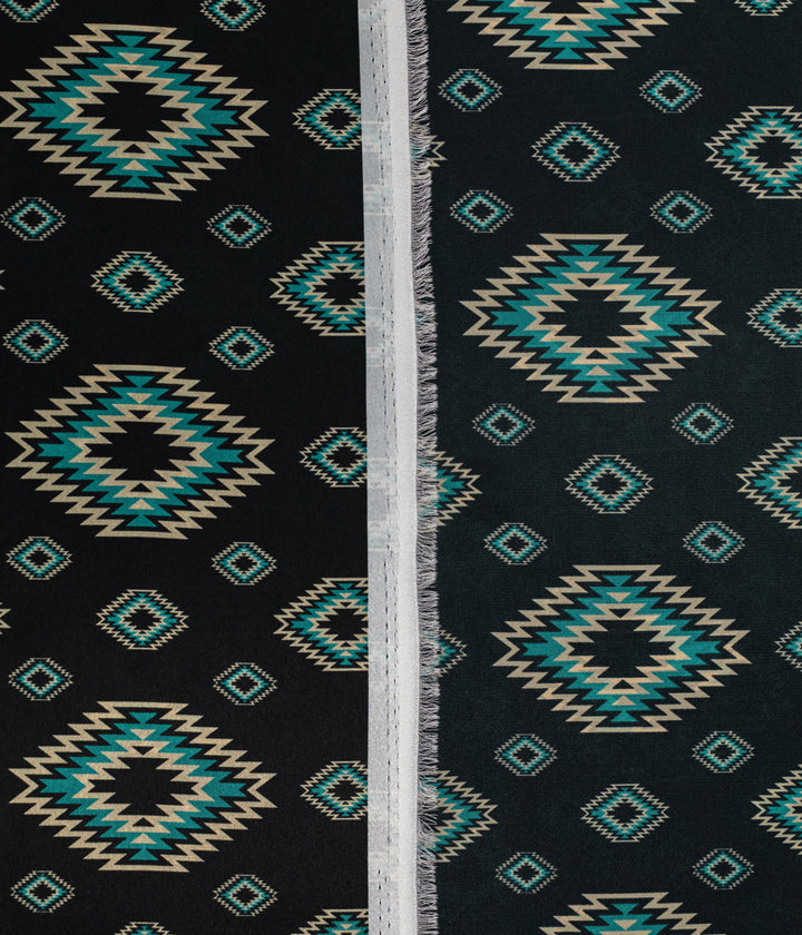 Western Black and Teal Tribal  Satin Charmeuse Fabric by the Yard – Silky Cowboy Wild rag  Shirt Fabric