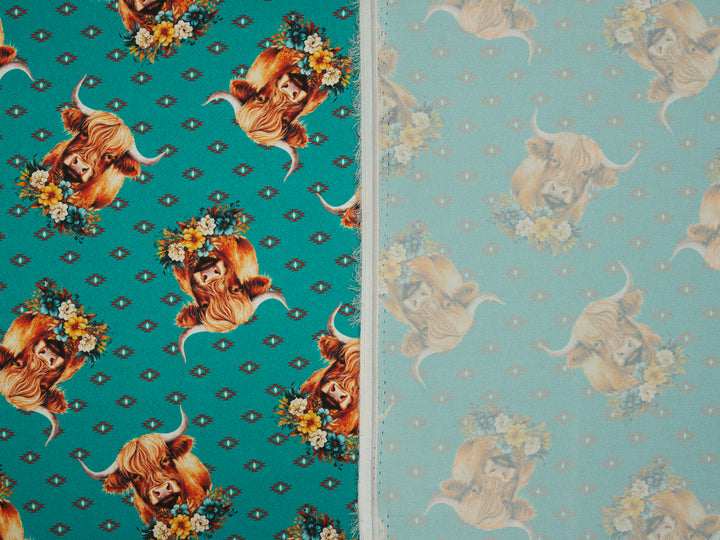 Charmeuse Satin sublimation  fabric by the yard -    Highland cow with flowers  tribal print