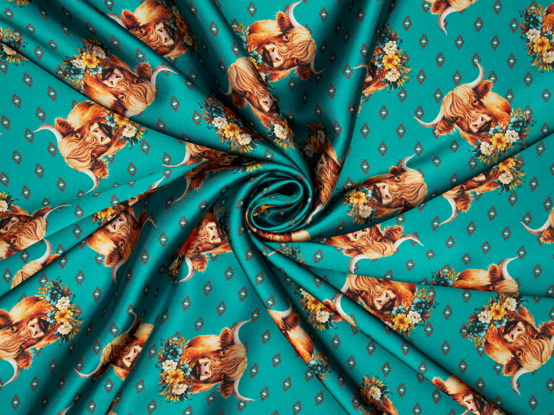 Charmeuse Satin sublimation  fabric by the yard -    Highland cow with flowers  tribal print